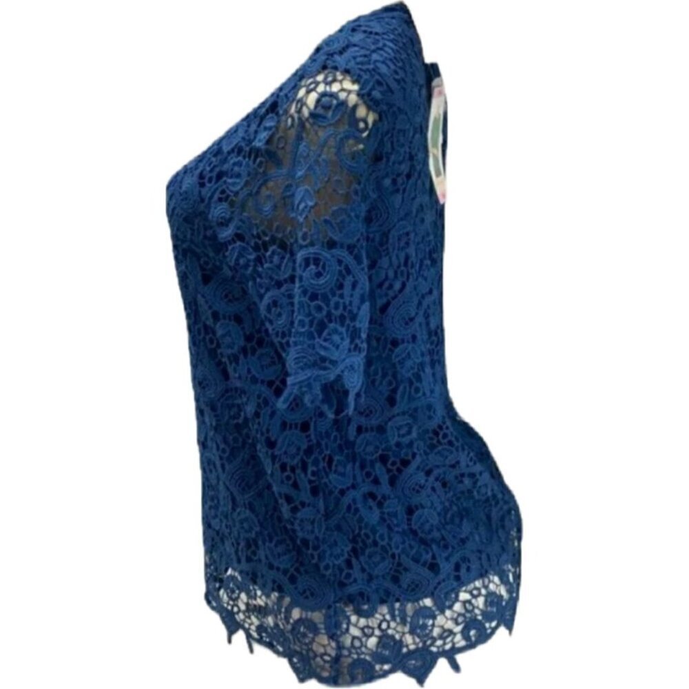 Philosophy S Blue Lace Crew Neckline Scallop Trim Lined Sheer Half Sleeve Blouse - Picture 5 of 6